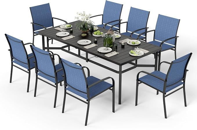 MIXPATIO 9 Pieces Patio Table and Chairs Set, Patio Dining Set for 8, 8 Textilene Chairs and 83” Rectangular Patio Dining Table with Umbrella Hole, for Deck Backyard Lawn Poolside, Blue