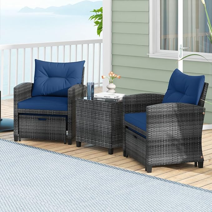 ORALNER 5 Pieces Patio Furniture Set with Ottoman, Wicker Conversation Set w/Cushions, Glass Coffee Table, Outdoor Lounger Rattan Chairs Bistro Set for Porch Balcony Garden Deck Poolside (Navy)
