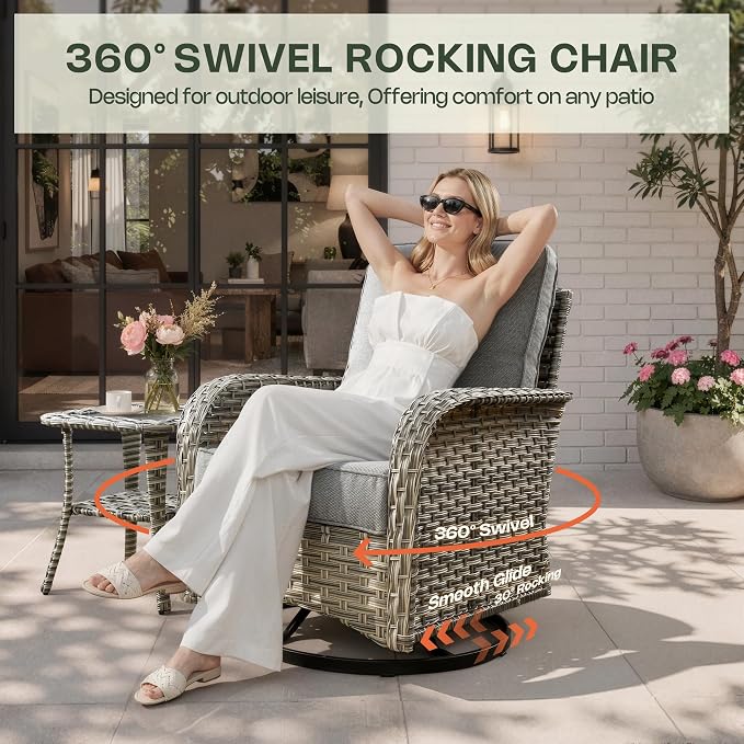 8 Pieces Patio Furniture Set, Outdoor Conversation Set with 360° Swivel Rocker Chairs, Wicker Sectional Sofa & Solar Powered Lighted Table, High Back Outdoor Furniture for Backyard Porch, Dark Gray