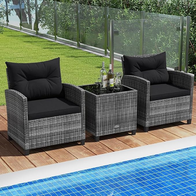 LDAILY Patio Furniture Set, 3 Pieces PE Rattan Wicker Patio Sofa Chairs with Washable Cushion & Glass Table, Outdoor Furniture Conversation Sets for Porch, Balcony, Garden, Poolside (Black)