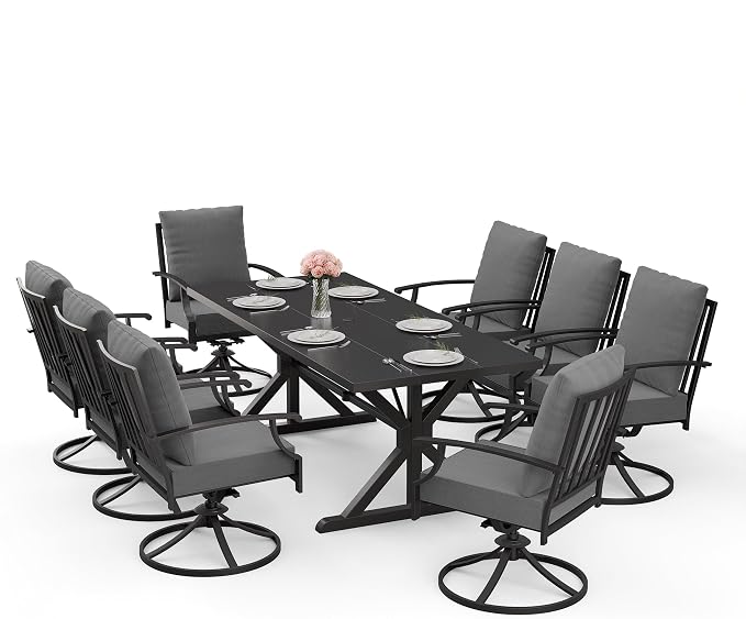 ALAULM 9-Piece Patio Dining Set, Outdoor Metal Dining Set with 8 Swivel Chairs & Rectangle Table with 1.5 Umbrella Hole, Patio Dining Table and Chairs for Backyard, Grey