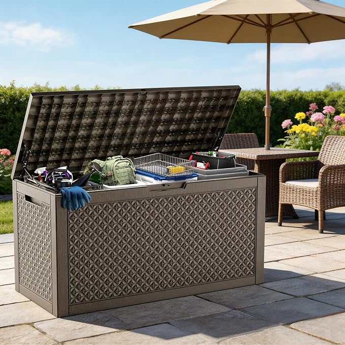 121 Gallon Outdoor Storage Box, New Classic Deck Box with Hydraulic Lid, Durable Waterproof Resin Storage Bin for Patio Furniture, Garden Tools, Cushions, Pool Accessories, Grey