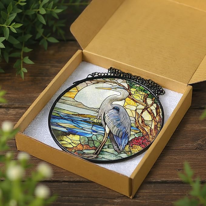 Stained Glass Window Hanging, 8 Inch Blue Heron Suncatcher Ornament, Stained Glass Suncatchers for Windows Hanging, Christmas, Mother's Day, Birthday, Bird Lover Gifts for Mom, Grandma, Women & Men