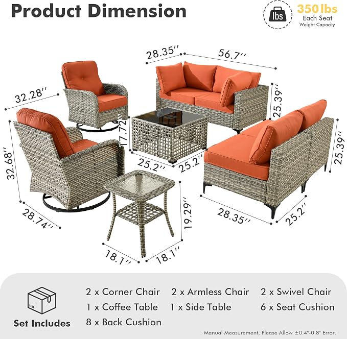 8 Pieces Wicker Patio Furniture Set,Outdoor Sectional Sofa with Swivel Chairs Coffee Table,Outside Deep Seat Rattan Couch Conversation Set,Orange Red