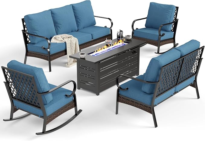 SUNSHINE VALLEY 5 Piece Metal Outdoor Patio Furniture Set with Firepit Table, Patio Conversation Set 1 3-Seater Sofa, 2-Seater Sofa, 2 Rocking Chairs with 5.75" Cushion for Backyard Deck, Denim Blue