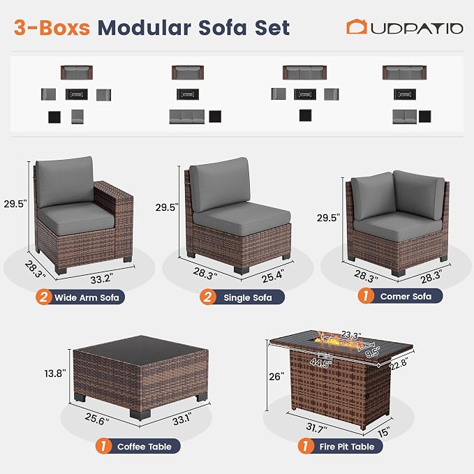 UDPATIO Furniture Set with Fire Pit Table, 8 Inch Wide Armrest 7 Piece Sectional Sofas, All-Weather Wicker Conversation for Garden, Backyard, Grey