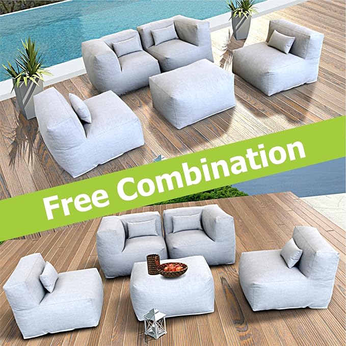 Patio Furniture Set Bean Bag Chairs Calaluna 5PC Outdoor Chairs Sectional Conversation Patio Set Daybed Furniture Outdoor Sofa Couch High Density Foam Filling Modern Comfy Patio Couch (Light Gray)