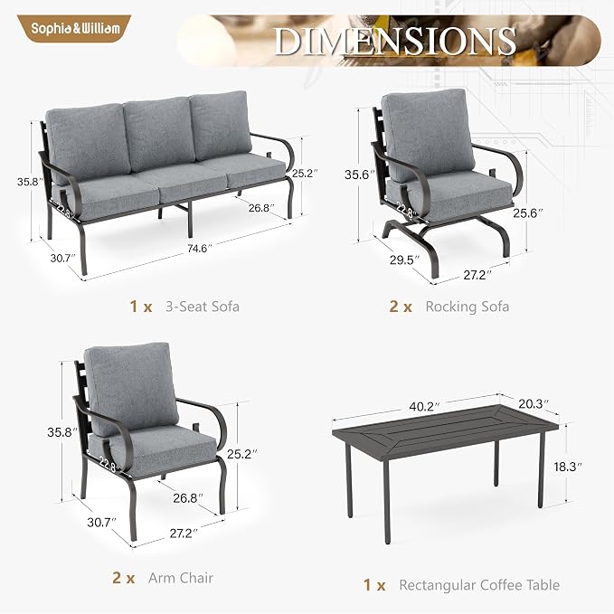 Sophia & William Patio Conversation Set for 7, 3-Seater Sofa, 2 Fixed Chairs, 2 Rocking Chairs and a Coffee Table, Metal Outdoor Furniture with 5.75" Extra Thick Cushions, Grey