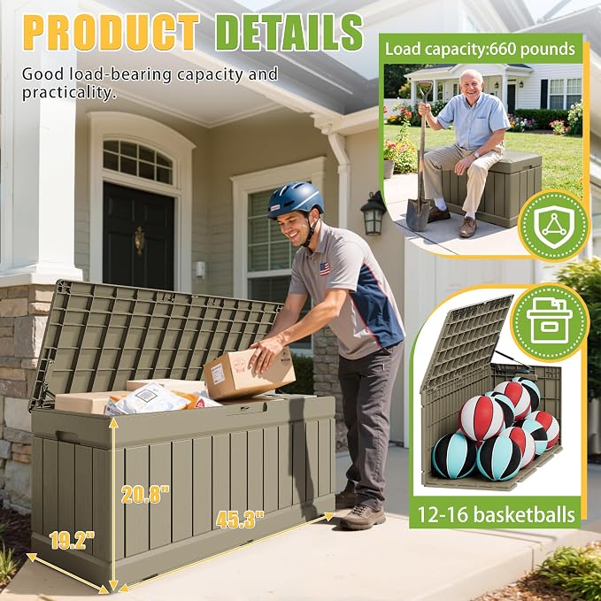 Greesum Outdoor Storage Box 82 Gallon Storage Bin with Lid for Patio Furniture, Garden Tools, Pool Supplies, Waterproof and UV Resistant, Lockable, Coffee