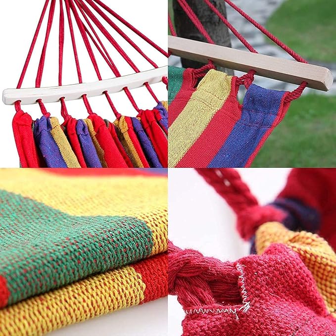 Portable 2 Person Hammock Colorful Stripe Hammocks Swing with Spreader Bar Carry Bag for Patio Lawn Garden Camping,Beach,Backyard, Outdoor Indoor (Red)(Cotton)