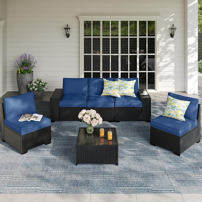 6 Pieces Patio Furniture Set, Outdoor Couch Sofa with Wider Armrests & Glass Coffee Table, Outdoor Sectional Furniture with Thick Cushions for Party, Poolside,Garden-Navy