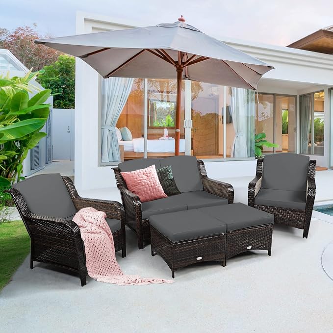 COSTWAY 5PCS Patio Wicker Rattan Furniture Set, Loveseat Sofa with Ottomans and Cushioned Chairs, Conversation Sets for Outdoor Garden Backyard