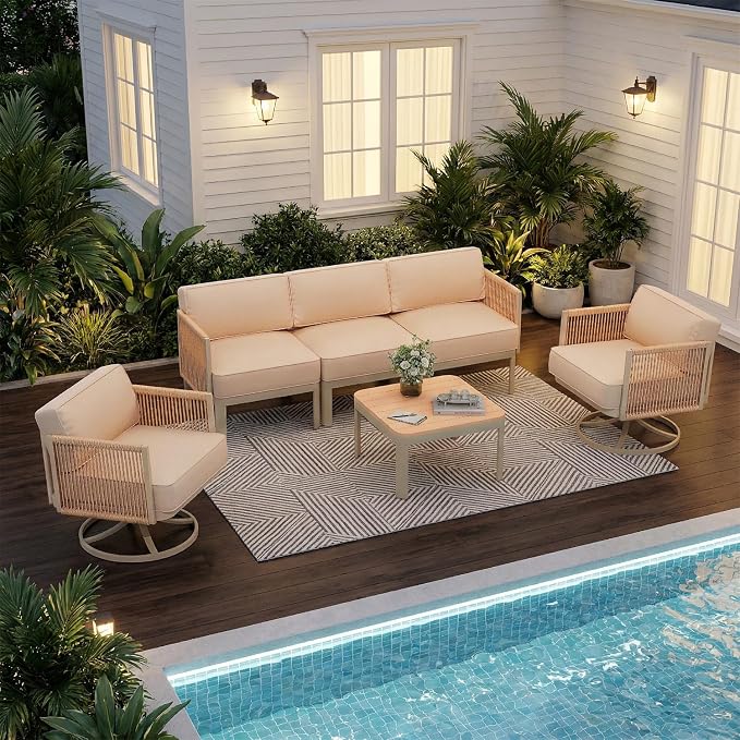 EROMMY 5 Seats Patio Furniture Set, Metal Frame Outdoor Swivel Glider Rocking Chairs with 6" Thick Cushions, 3-Seat Sofa & Coffee Table, Patio Conversation Sets for Backyard, Poolside & Balcony, Beige