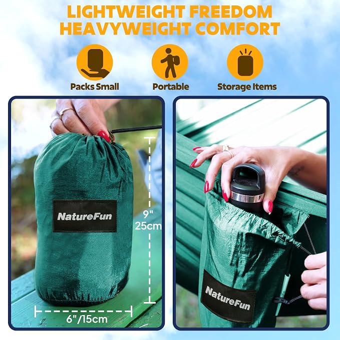 NATUREFUN Ultra-Light Travel Camping Hammock | 300kg Load Capacity,Breathable,Quick-Drying | 2 x Premium Carabiners,2 x Nylon Slings Included | Outdoor Indoor Garden