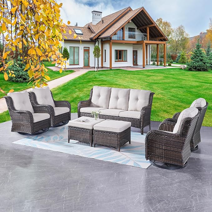 Rilyson Wicker Patio Furniture Set - 7 PC Rattan Outdoor Sectional Conversation Sets with 4 Swivel Rocking Chairs,2 Ottomans and 1 Sofa for Porch Deck Garden(Brown/Beige)