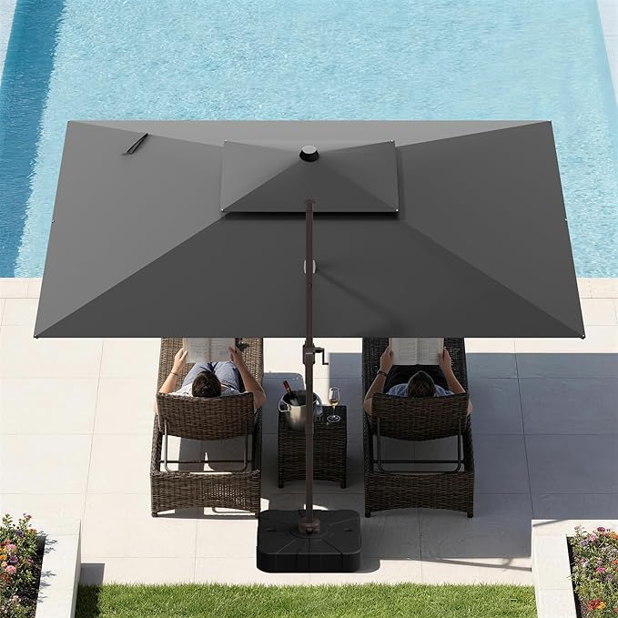 GENTEACO 9x12FT Cantilever Patio Umbrella, Double Top Rectangle Offset Umbrella 7 Angle Tilts & 360° Rotation, Large Heavy Duty Outdoor Sun Umbrella for Pool Market, Grey