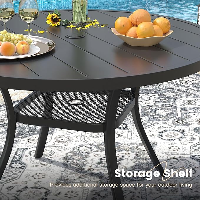 VICLLAX 7 Pieces Patio Outdoor Dining Set, 47.2" Round Metal Table with Umbrella Hole and 6 Stackable Textilene Chairs for Patio, Lawn, Garden, Porch, Black/Red
