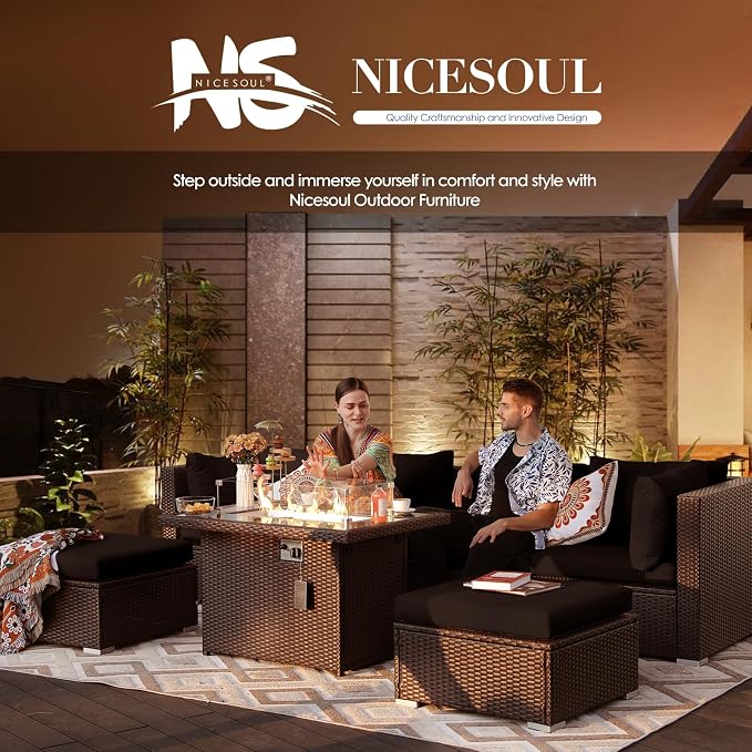 NICESOUL 13 Piece Patio Furniture w/Fireplace, Elegant Outdoor Seating w/Firepit, XL 29.3'' High Back Sectional Sofa, All-Weather Rattan Deck Couch, Modular Sturdy Conversation Set, Brown & Black
