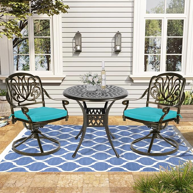 VIVIJASON 3-Piece Patio Furniture Dining Set, Outdoor All-Weather Cast Aluminum Bistro Set, Include 2 Swivel Chairs and 31" Round Table w/Umbrella Hole for Balcony, Lawn, Garden (Ocean Blue Cushion)