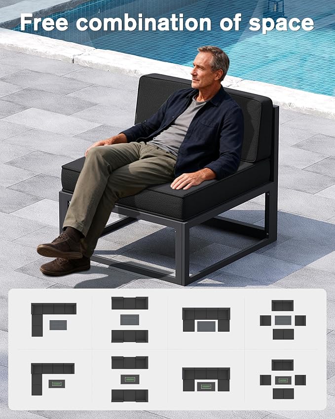 UDPATIO Aluminum Patio Furniture Set, Modular Oversized Outdoor Sectional of Olefin 5 inch Thick Cushion, Coffee Table and Waterproof Cover, Patio Conversation Sets for Porch, Deck