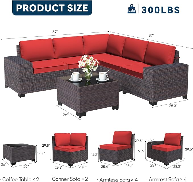 Patio Furniture Set 12 Pieces Outdoor Sectional Sofa Set,PE Rattan Wicker Patio Conversation Set with Thickened Cushions and Glass Coffee Table,Red