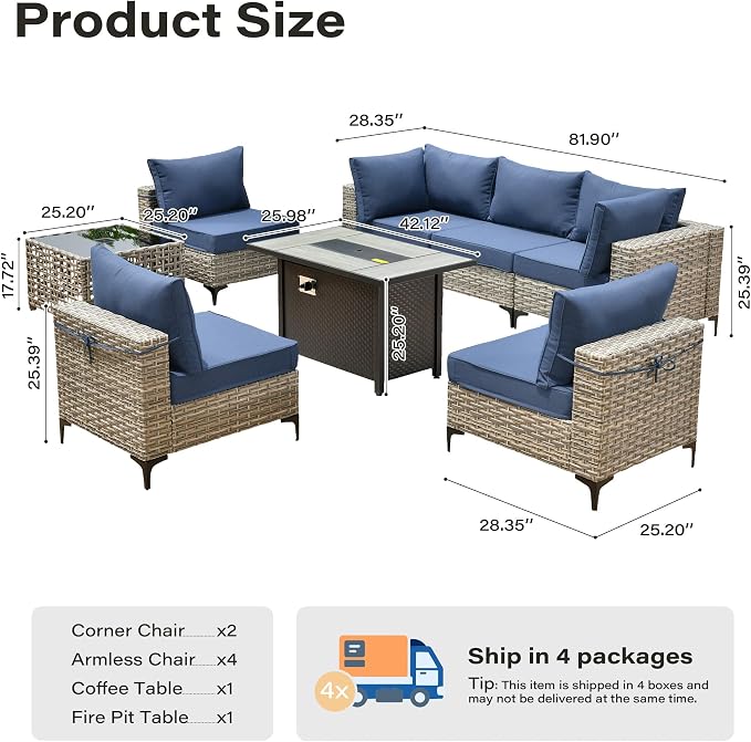 8 Pieces Patio Furniture Set with 42" Fire Pit, All-Weather Rattan Outdoor Sectional Conversation Sets L Shaped Sofas with Solar Light Coffee Table for Porch Balcony Backyard Denim Blue