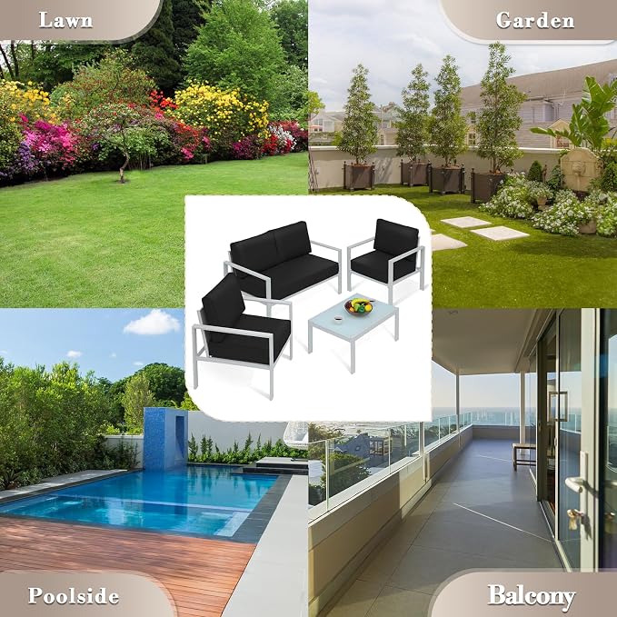 Athena Collection Patio Bistro Set Table and Chairs Set of 4, Outdoor Furniture Set Heavy Duty Conversation Sets Metal Loveseat with Upholstered Seat and Cushions, Black