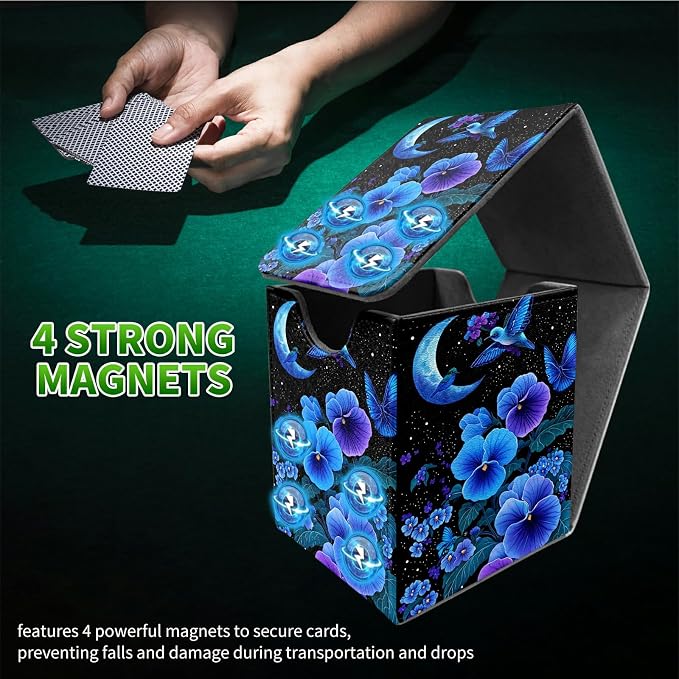 Deck Box for MTG, Cards Storage Box Fits 120+ Sleeved, Leather Medium Size Strong Magnetic Closing Card Case for Board Games Magic TCG CCG Baseball Collection, Blue Flower Bird