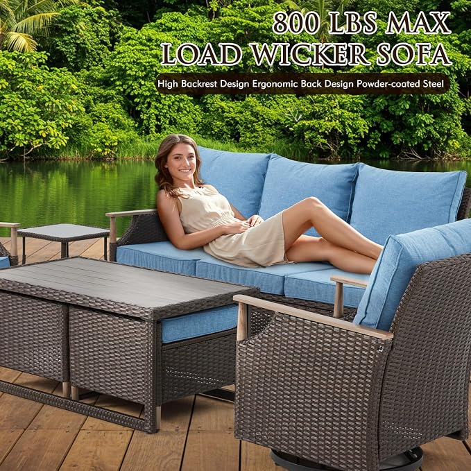MELLCOM 7 Piece Patio Furniture Set Wicker Patio Conversation Set Rocking Bistro Set with 3 Seater Sofa, Coffee Table, Tempered Glass Side Table and 2 Ottoman, for Backyard Garden Patio (Blue, 7pcs)