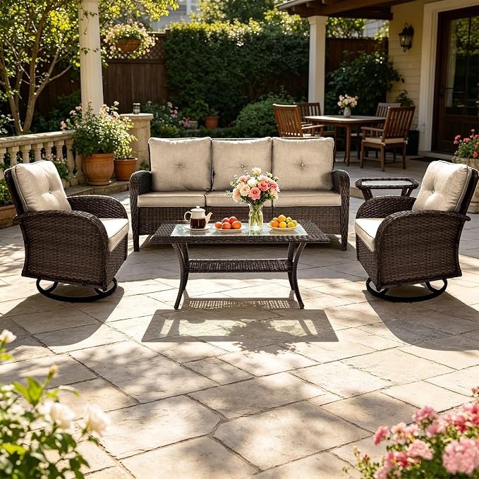 SHGJ&SOFT All Weather Patio Furniture Set, High Back Swivel Rocker Glider Chairs,Ottomans & Glass Tables, Outdoor Conversation Set for Deck Porch Yard Poolside (Brown, 5PCS-Sofa&Swivel Chairs&Tables)