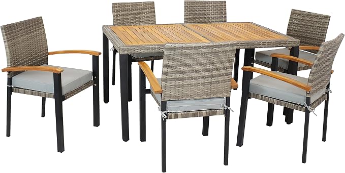 Sunnydaze Carlow 7-Piece Rattan and Acacia Outdoor Dining Set - 1 Table and 6 Chairs with Seat Cushions - Stone Gray