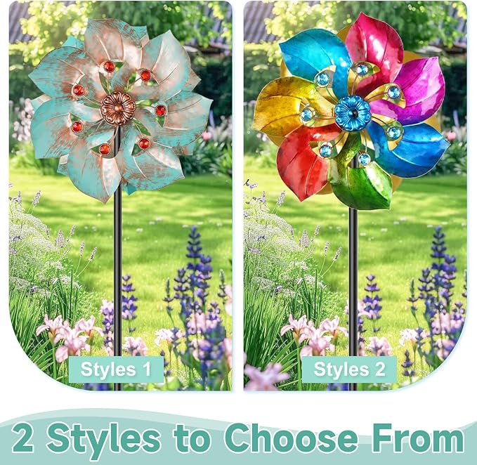 Wind Spinners Outdoor, Retro Green 2‑Blade Kinetic Wind Sculpture with Red Gems, Dual‑Direction Windmill with 5‑Prong Base, Height Adjustable Yard Art for Lawn Patio Garden, 12.6" W x 63" H
