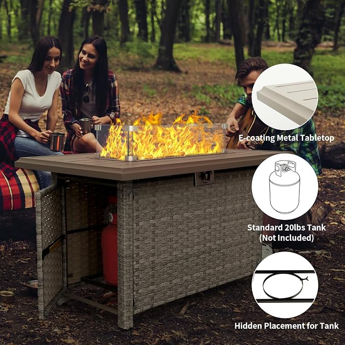 WAROOM Patio Furniture Set 4 Piece Outdoor Wicker Conversation Sets PE Rattan Couch Sectional Sofa with Fire Pit Table, Navy Blue Cushion