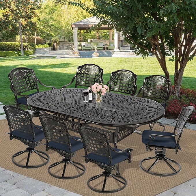 MEETWARM 9-Piece Outdoor Patio Dining Set, All-Weather Cast Aluminum Patio Conversation Set with 8 Cushioned Swivel Rocker Chairs for Backyard Garden Deck, 1 Oval Table, 2" Umbrella Hole, Navy Blue