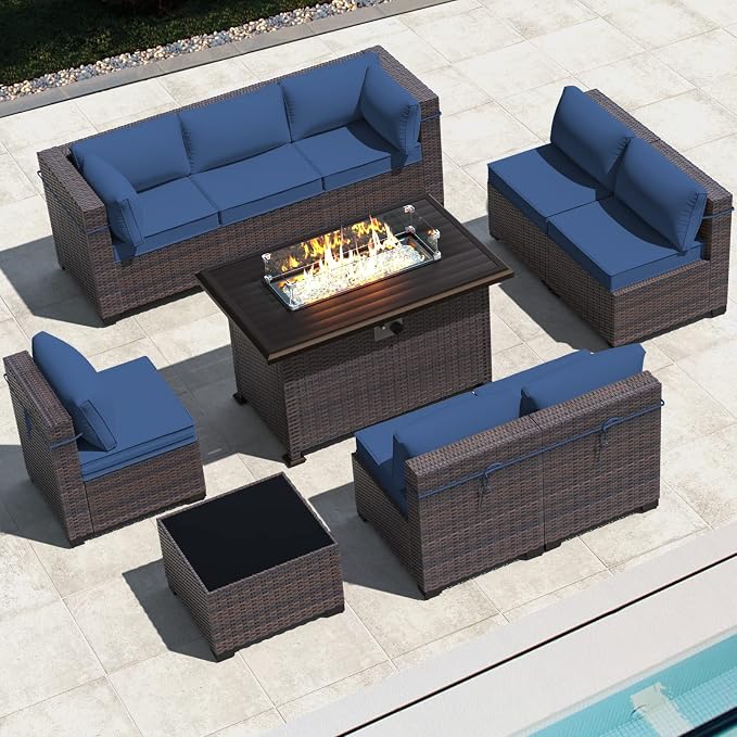 Outdoor Patio Furniture Set with Gas Fire Pit Table, 10 Pieces Outdoor Furniture Set Patio Sectional Sofa w/43in Propane Fire Pit, PE Wicker Rattan Patio Conversation Sets (Dark Blue)