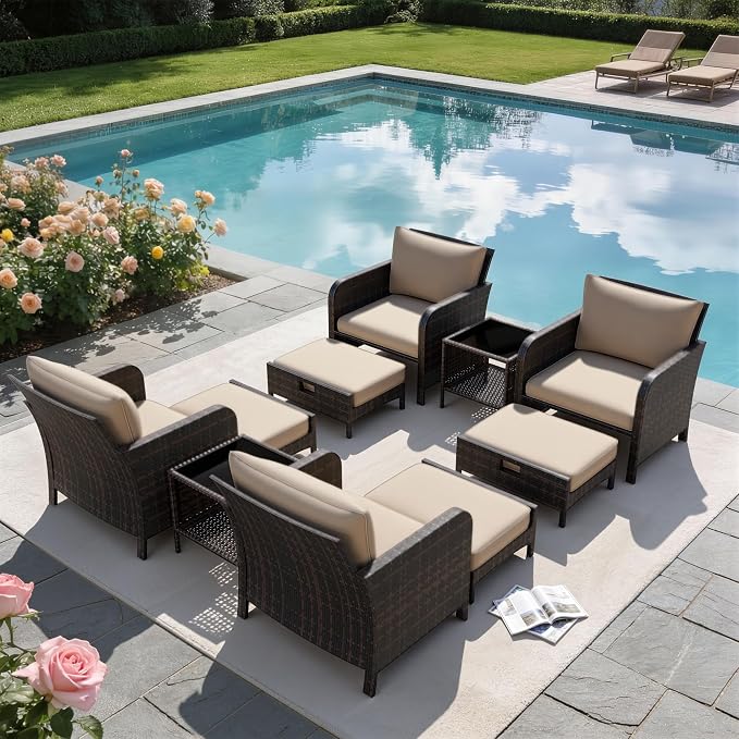 LEVELEVE Patio Conversation Set 5 Piece, Balcony Furniture Outdoor PE Rattan Wicker Lounge Chairs with Soft Cushions, 2 Ottomans & Glass Table for Porch Lawn, Brown (Khaki Cushions