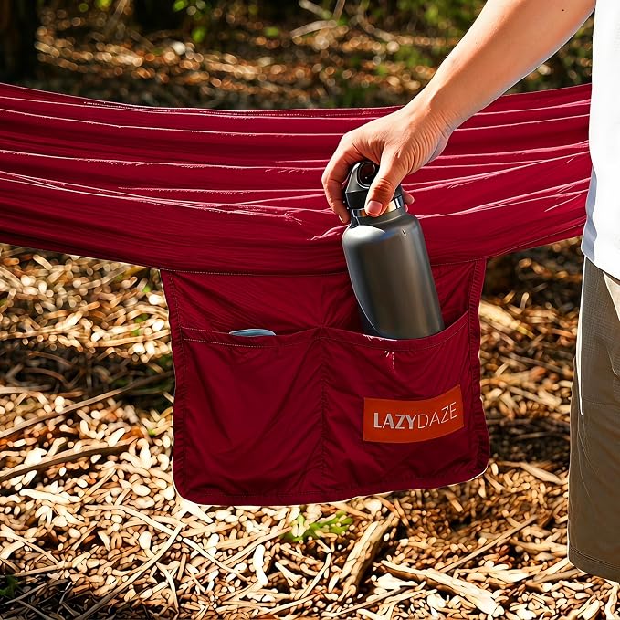 Lazy Daze Hammocks Camping Hammock with Curved Spreader Bar, Portable Hammock with Tree Straps, Carrying Bag, Carabiners for Outside, Hiking, Outdoors, 450lbs Capacity, Red