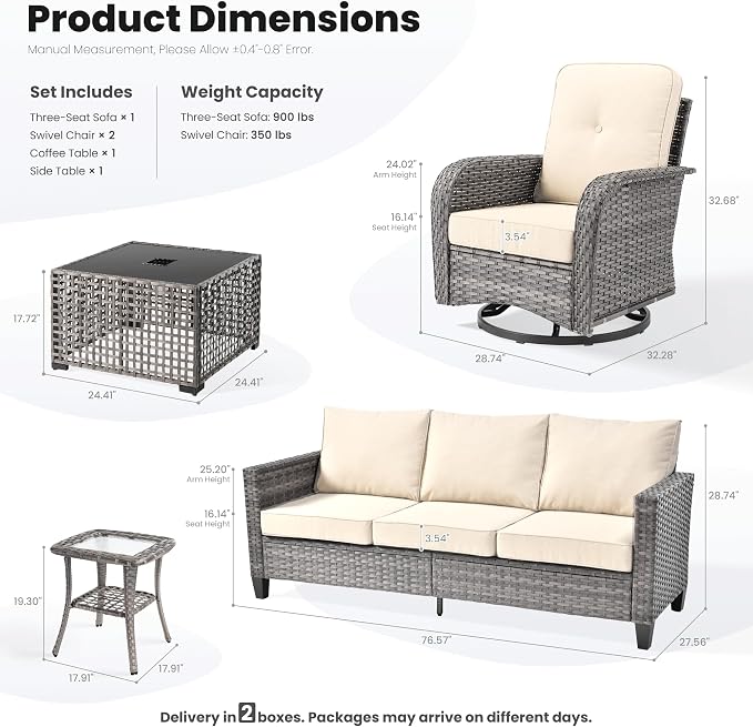 ovios 5 Pieces Patio Furniture Set, Outdoor Wicker Sofa Couch with Swivel Glider Chairs Solar Lights Table, Modern Deep Seat Rattan Conversation Sets for Deck Porch, Beige