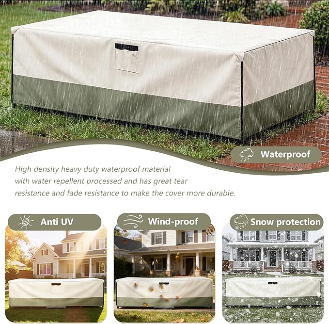 Bitubi Rectangular Patio Table Cover - Heavy Duty 600D Tough Canvas Waterproof Outdoor Dining Table and Chairs Universal Furniture Cover Size 126L x 74W x 28H inch, Beige