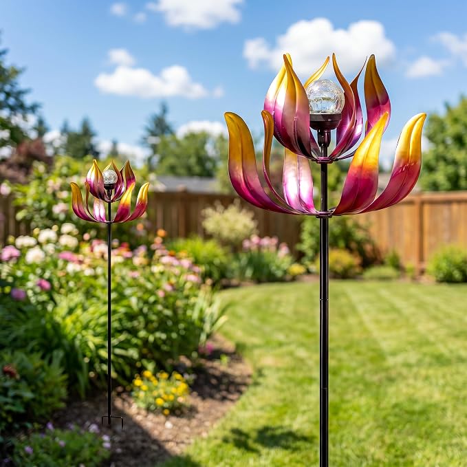 Solar Wind Spinners Outdoor for Yard and Garden, 61'' Lotus Kinetic Wind Sculptures with Color Changing LED Crackle Glass Globe, Metal Yard Art Decor for Patio Lawn, Garden Gifts for Women/Mother