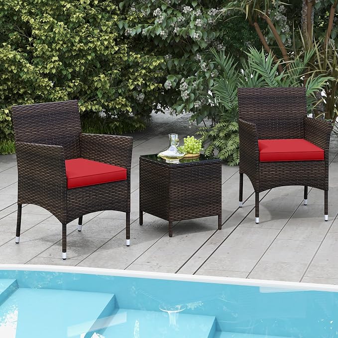 RELAX4LIFE 3-Piece Patio Furniture Set - Rattan Wicker Outdoor Conversation Set w/Cushions & Glass Coffee Table, Balcony Furniture for Porch Garden Backyard, Bistro Table and Chairs Set of 2 (Red)