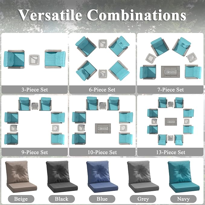 6 Piece Wicker Patio Furniture Set, Swivel Rocking Chairs with 4''Cushions, PE Rattan, Rust Resistant Frame, Double Layer Glass Side Table, for Backyard, Deck or Balcony, Blue