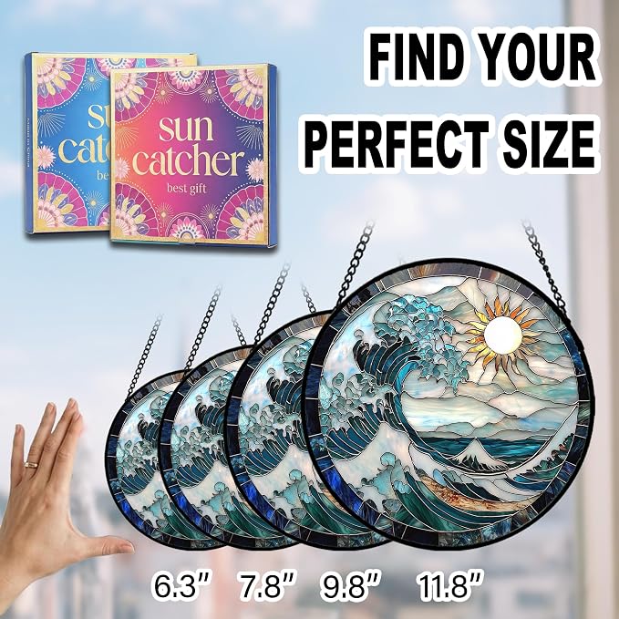 Birthday Gifts for Women - Blue Giant Waves Faux Stained Glass Window Hanging Sun Catcher for Door Garden Acrylic Home Sea Decor Mother's Day for Mom Nana Friend Grandma Wife 6.3"