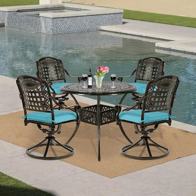 VIVIJASON 5-Piece Outdoor Patio Dining Set, All-Weather Cast Aluminum Conversation Set, Patio Furniture Set, Include 4 Swivel Cushioned Chairs, 1 Round Table w/Umbrella Hole, Ocean Blue Cushion