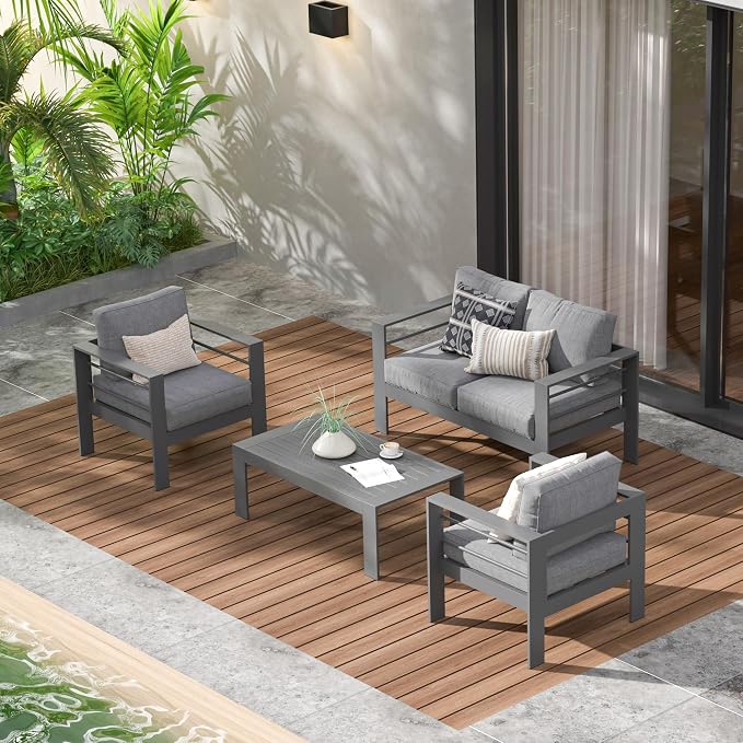 Wisteria Lane Aluminum Patio Furniture Set for All Weather, Oversized Metal Outdoor Furniture Set with 27.5" Deep Seat and 10" Back Cushion, Patio Conversation Sets with Wide armrest, Dark Grey