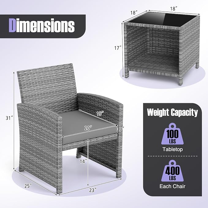 Tangkula 3 Pieces Patio Furniture Set, PE Rattan Outdoor Chairs with Tempered Glass Coffee Table & Soft Seat Cushions, Patio Bistro Set, Outdoor Conversation Set for Porch, Backyard Poolside (Grey)