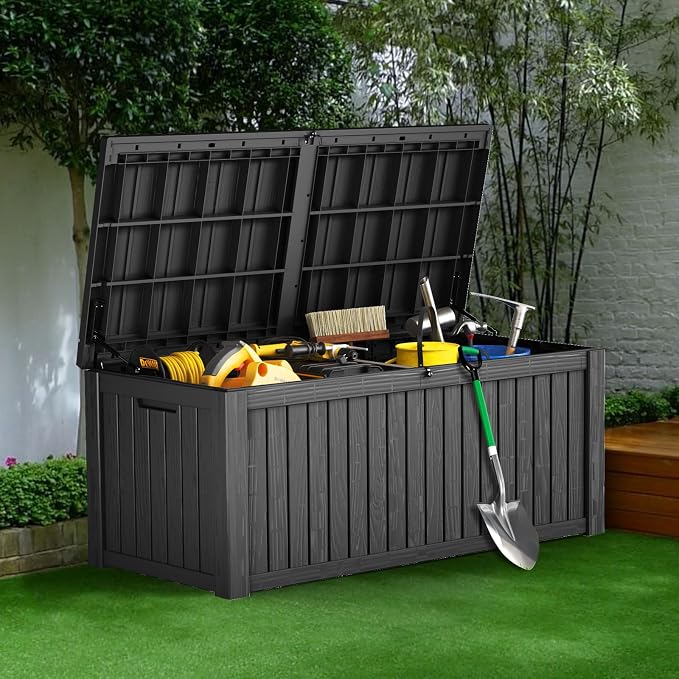 TARKARI 150 Gallon Resin Deck Box, Waterproof Outdoor Storage Box, Lockable for Patio Furniture, Garden Tools, Pool Accessories, UV-Resistant for All Weather Use, Black
