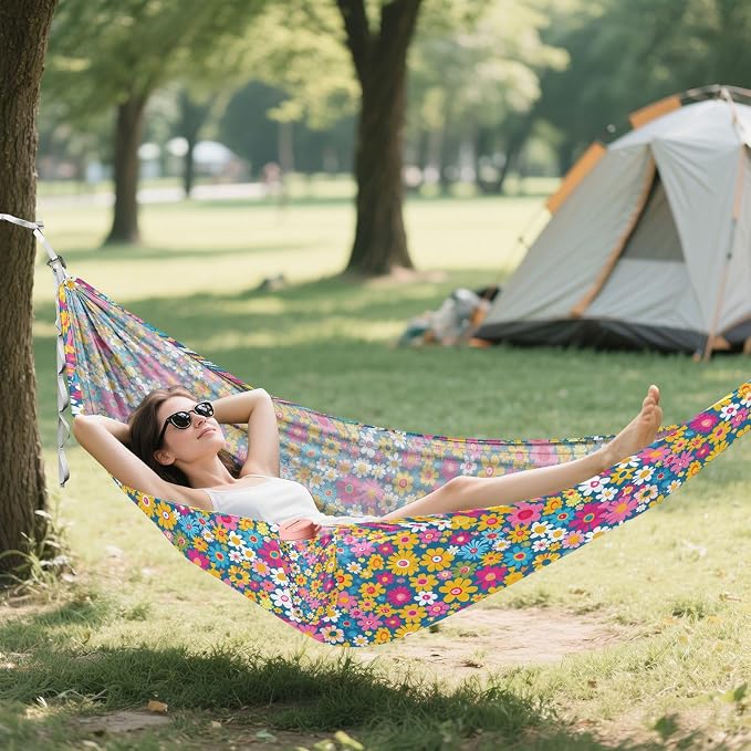 Camping Hammock Outdoor Hammocks for Outside Bright Retro Groovy Floral Beach Trees Portable Lightweight with Pockets Tree Straps Indoor