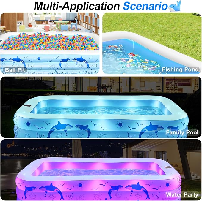 2026 Upgrade Inflatable Pools with Lights, Family Inflatable Swimming Pools for Adults, Blow Up Pool Solar, Large Pool, Durable Thickened Inflatable Family Pool for Backyard-White
