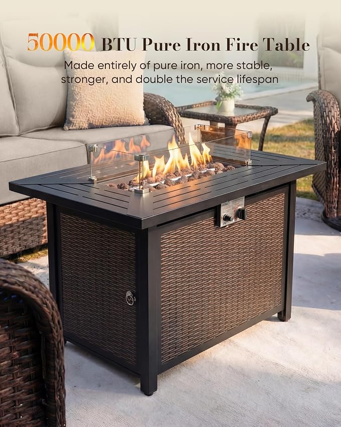 Belord Upgraded 6“ Cushion Luxury 5 Piece Patio Furniture Set with Fire Pit Table - Outdoor Furniture Set with High Back Swivel Rocker Patio Chairs, Conversation Set for Deck Porch Yard - Brown/Beige